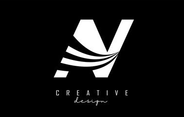 White letters AV A V logo with leading lines and road concept design. Letters with geometric design.