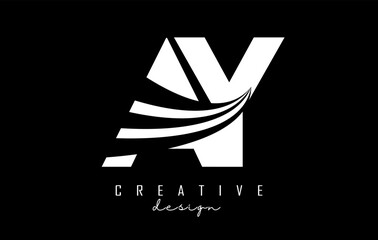 White letters AY A Y logo with leading lines and road concept design. Letters with geometric design.
