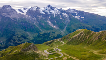 Fototapeta premium Central Eastern Alps - Austria-panorama view with the most beautiful alpine road in Austria-Großglockner, aerial drone view