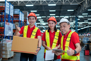 worker person working with safety in warehouse logistic factory, business manufacturing industry occupation concept, goods product box distribution. Storehouse employee in uniform. warehouse worker.