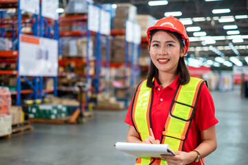 worker person working with safety in warehouse logistic factory, business manufacturing industry occupation concept, goods product box distribution. Storehouse employee in uniform. warehouse worker.