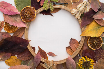 Embroidery hoop with dried autumn coloured leaves. Fall background.