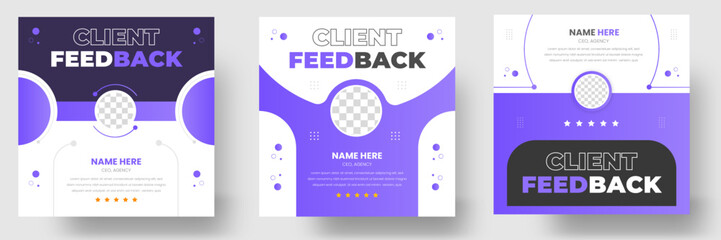 Customer feedback testimonial social media post web banner template. client testimonials social media post banner design template with purple color