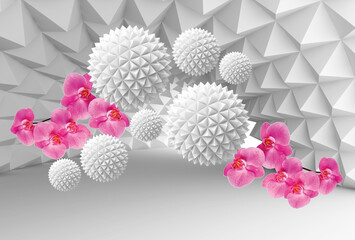 3d image. Balls in a tunnel with red orchids. 3d photo wallpapers. Digital illustration. - obrazy, fototapety, plakaty