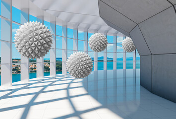 Illustration with balls flying through a light tunnel. 3d photo wallpapers. 3d image.