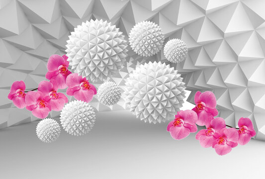Fototapeta 3d image. Balls in a tunnel with red orchids. 3d photo wallpapers. Digital illustration.
