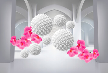 A hall with columns and flying 3D balloons, with orchids. 3d image. 3d wallpaper on the wall.