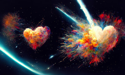 love explosion in space colorful abstract digital background - obrazy, fototapety, plakaty