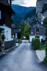 Hallstatt houses, Hallstat village in the Austria. Beautiful village in the mountain valley near lake. Mountains landscape and old town. Travel - Austria