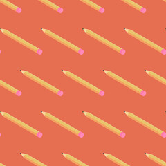 Isometric vector illustration. Office yellow pencil isolated on orange background. School seamless pattern.