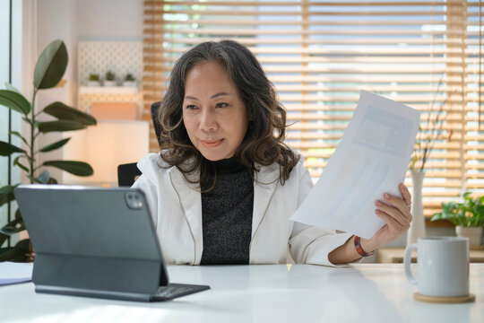 Aged Businesswoman Checking Financial Taxes Fees, Reviewing Bank Account Loan Rates Information, Medical Insurance Cost.