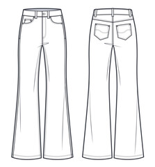 Unisex Jeans flared bottom Denim pants technical fashion illustration. Jeans pants with full length, medium waist, flared fit, women, men, front view, back view, white, unisex CAD mockup. - obrazy, fototapety, plakaty
