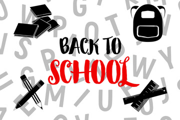 Fototapeta premium Back to School black design template for banner poster, black color bag, pencils, rulers and book on alphabets background