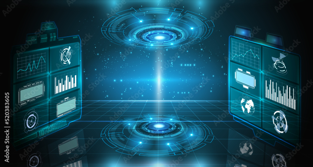 Poster Futuristic hud background. Sci fi circle and cyber digital elements with fantasy frame portal and future data. Virtual grid surface. UI frame, cyberspace interface. Vector game illustration