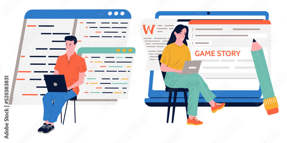 Fototapete Game development. People programming software with laptops. Coding scripts. Application designers work. Professional coders set. Freelance occupation. Vector web app programmer concept
