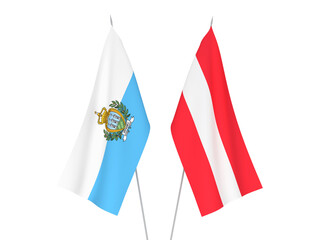 National fabric flags of San Marino and Austria isolated on white background. 3d rendering illustration.