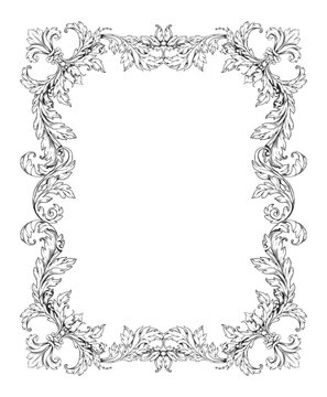 Vintage ornament frame. Victorian baroque floral border, rococo retro flower filigree decor, classic old antique square form. Blooming blossoms and decorative leaves. Vector pattern design