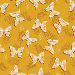 Beautiful Flying Butterflies and Flowers ,leaves Seamless pattern Vector illustration,