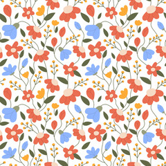 Botanic pattern. Floral bouquet with leaves, summer fields, beautiful botany spring garden. Cute meadow herbs. Decor textile, wrapping paper, wallpaper. Cartoon print. Vector seamless design