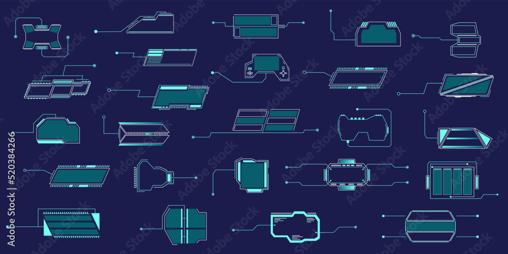 Poster Tech hud frames. Text box technology elements, ui titles for digital game, future display interface. Square cyber boxes with copy space, dashboard collection. Vector abstract template