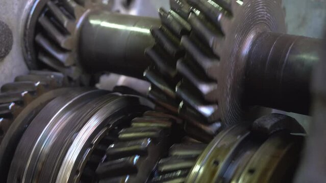Cross section of a car gearbox. Gearbox close-up. Gears at work. Gearbox mechanics.