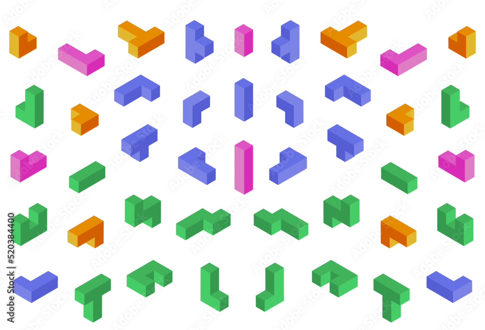 Poster 3D isometric puzzle. Game isolated elements collection. Abstract cube fun figures. Video graphic objects. Retro play shapes. Color polygon forms set. Vector geometric background
