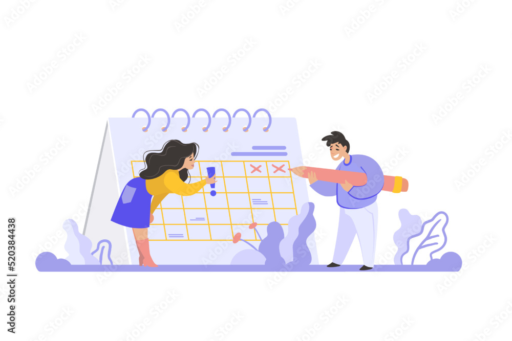 Aufkleber Planning schedule scene. Time management. Effective organizing. To do list. Task priority. Deadline and daytime routine planner. People making notes in monthly calendar. Vector concept