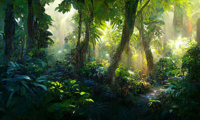 beautiful tropical jungle forest  lush vegetation digital background