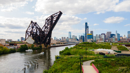 establishing aerial drone footage of  Chicago downtown near the park. the skyscrapers can be seen...