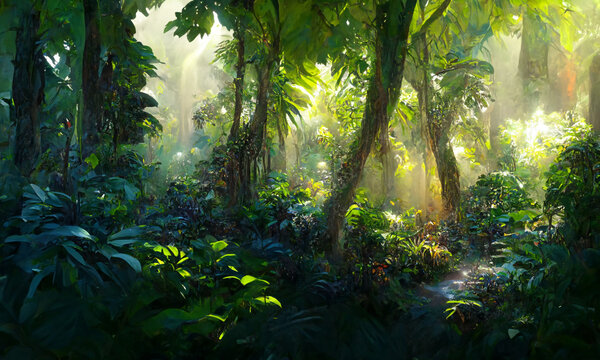 Fototapeta beautiful tropical jungle forest  lush vegetation digital background