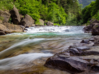 Rio de alta montaña transcurre entre bosques y rocas.