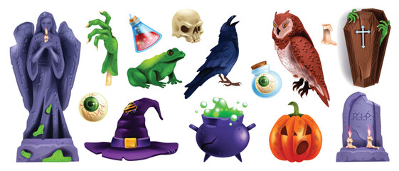 Halloween object sticker set, stone tombstone, vector spooky party badge kit, wooden coffin, eye. Cartoon scary zombie hand, witch hat, magic potion cauldron, owl, frog. Halloween object UI game icon