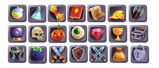 3D game icon set, magic UI badge kit, slot machine cartoon element, golden coin, witch potion, book. Reward resource object, warrior weapon, sword shield, defence skill. Fantasy game icon collection © Oleksandra