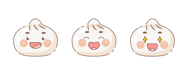 Cute gyoza face emoji set. Vector happy dumplings faces.	