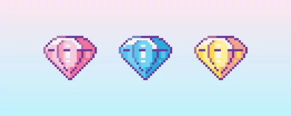 Fototapeten Pixel art diamond icon. 8 bit vector sticker or smile of shiny jewel  in retro 90s gaming style. Mosaic trendy funky luxury crystal item sign.  © Takoyaki Shop