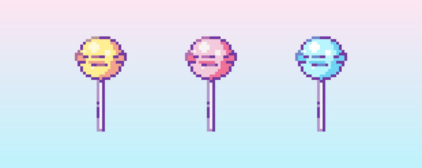 Fototapeta na wymiar Pixel art lollipop icon. 8 bit vector sticker or smile of lollipop candy set in retro 90s gaming style. Mosaic trendy funky pixel lollipop stick sign. 