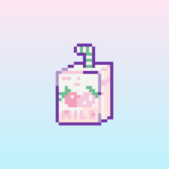 Pixel art strawberry milk icon. 8 bit vector sticker or smile of box of cute strawberry milk in retro 90s gaming style. Mosaic trendy funky pixel milk with a straw sign.
