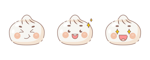 Cute dumplings emoji set. Modern design dim sum emoticons face icons collection. Set of vector steamed buns .Happy and joyful food faces.	
