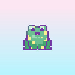 Pixel art frog icon. 8 bit vector sticker or smile of green frog animal in retro 90s gaming style. Mosaic trendy funky pixel frog and toad sign.