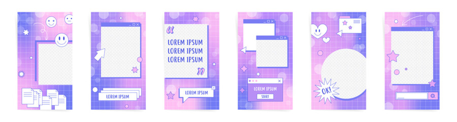 y2k sale stories banners template set. Groovy design for stories and promo posts. Design with gradient background, text frames and boxes, geometric elements. Purple 90s vaporwave galaxy colors.