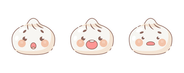 Cute dumplings face emoji set. Modern design emoticons gyoza icons collection. Set of vector steamed buns with face expressions.	