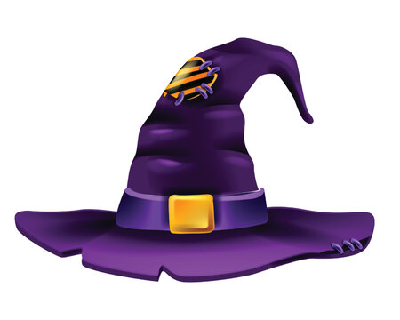 Witch hat vector 3D design element icon, halloween party accessory, cartoon wizard character outfit. Magical fashion purple cap, spooky witchcraft clothes. Witch hat clipart isolated on white