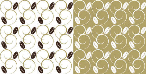 A pattern of coffee beans on a white background with gilding and a pattern of white coffee beans on gold