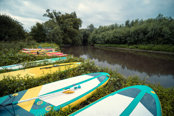 Lot of SUP boards lie on the birch of a small river. Summer, green trees and muddy water, the concept of an active life, a start and a tour.