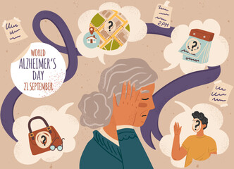 Old woman suffering from memory loss. World Alzheimer day vector poster. Senior people with dementia or Alzheimer disease