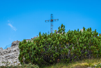 summit cross and Austrian Fort Vezzena or Spitz di Levico or Werk Spitz Verle is at 1,908 m. and is located on the top of Pizzo di Levico or Cima Vezzena. Levico Terme, Trentino Alto Adige - Italy