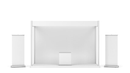 Blank tradeshow booth with counter and rollup banner