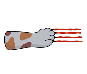 Cat foot. Scratch with blood trail. Aggression and injuries. Evil behavior of pet. Cartoon flat illustration
