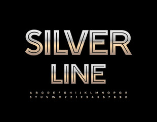 Vector chic emblem Silver Lane. Shiny metallic Font. Chrome elite Alphabet Letters and Numbers set