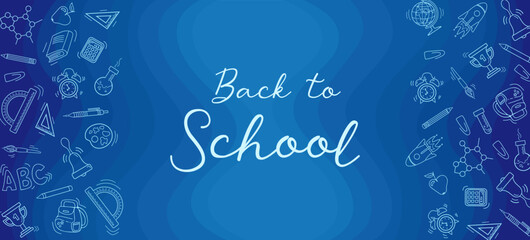 Back to school. Bright modern banner in doodle style. Chalk drawings on the blackboard. Learning symbols. Writing utensils pens, pencils and rulers. For advertising banner, website, poster, sale flyer